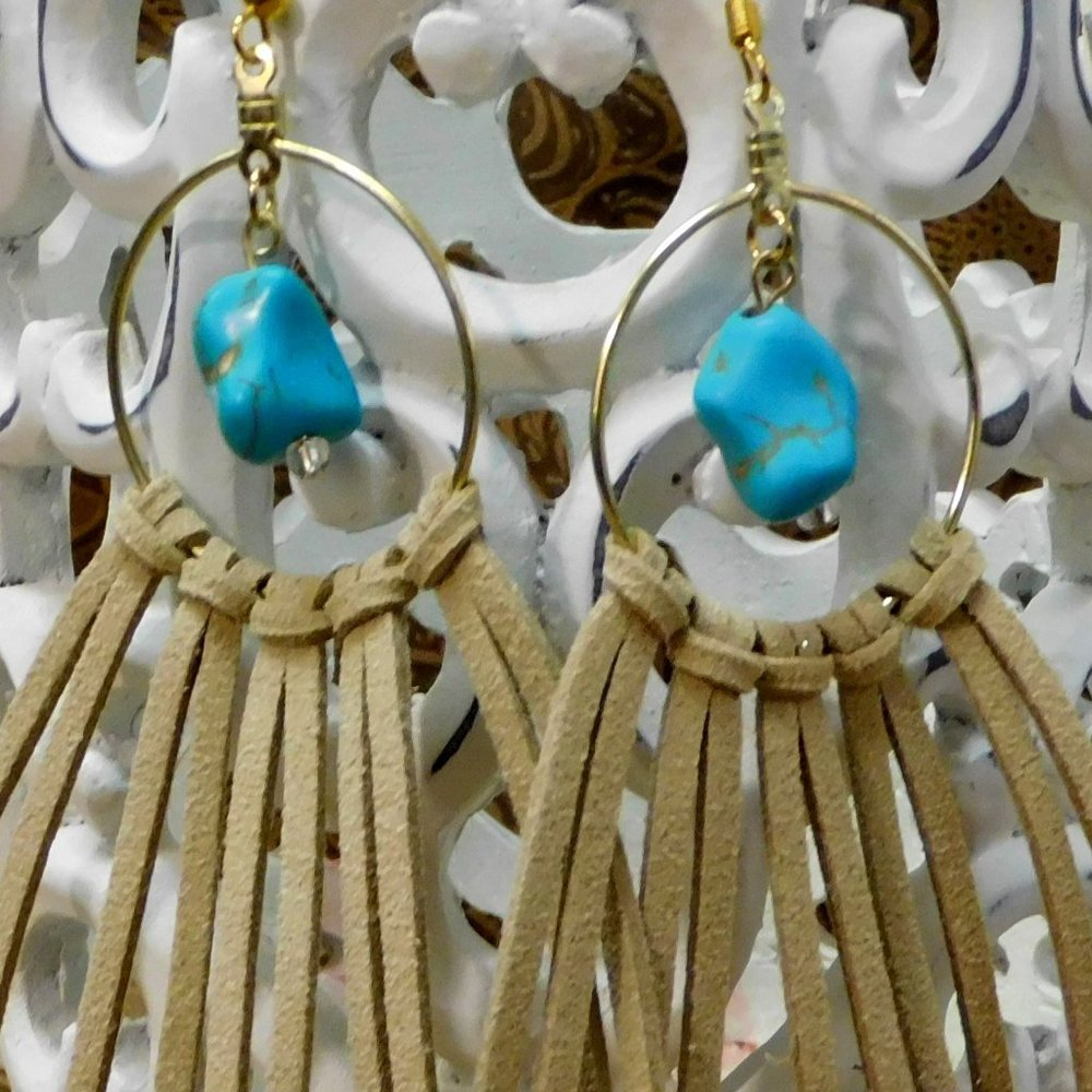Gold, Leather & Turquoise hoop earrings.